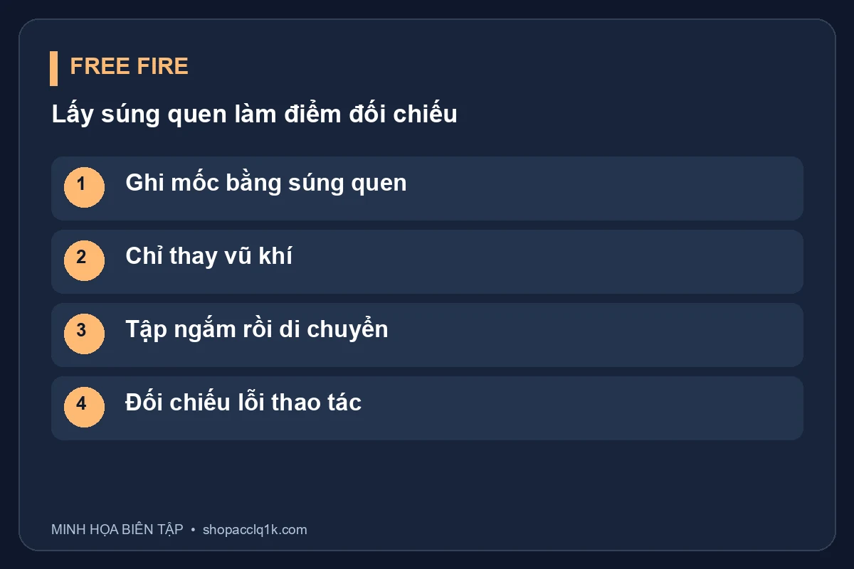 Ghi mốc bằng súng quen; Chỉ thay vũ khí; Tập ngắm rồi di chuyển; Đối chiếu lỗi thao tác
